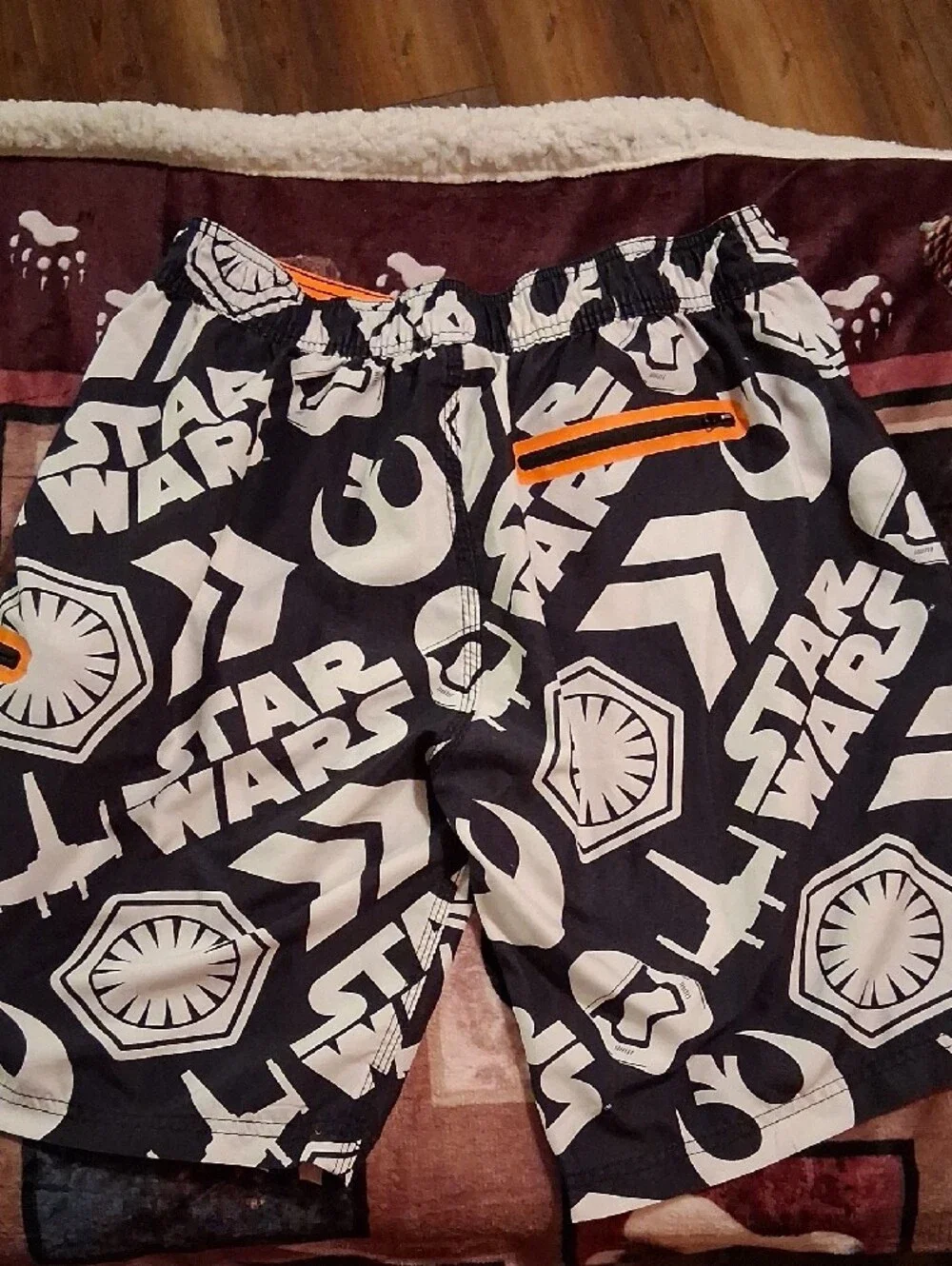 Star Wars Men’s Black and White Graphic Swim Board Shorts with Orange Drawstring